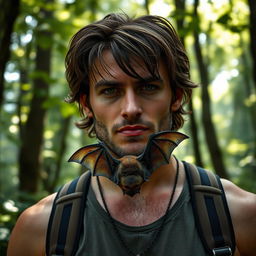 A rugged man showcasing a real bat as a necklace, elegantly hanging from his neck