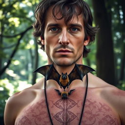 A rugged man showcasing a real bat as a necklace, elegantly hanging from his neck