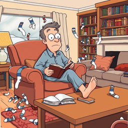 A humorous and chaotic scene featuring Jerry, a middle-aged man with a bewildered expression, as he searches frantically for his matching socks in a cozy living room