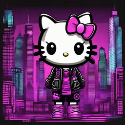 This digital art piece features Hello Kitty in cyber goth attire, complete with neon accents and a futuristic, tech-inspired look