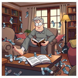 A humorous and chaotic scene featuring Jerry, a middle-aged man with a bewildered expression, as he searches frantically for his matching socks in a cozy living room