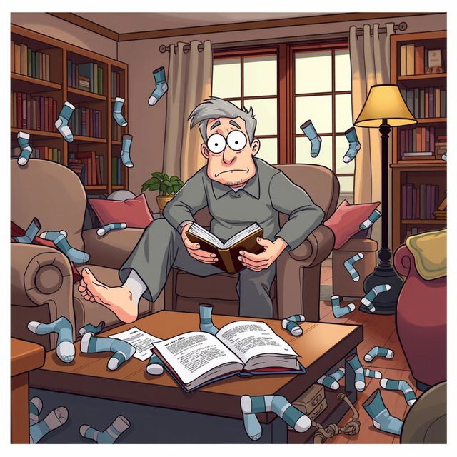 A humorous and chaotic scene featuring Jerry, a middle-aged man with a bewildered expression, as he searches frantically for his matching socks in a cozy living room