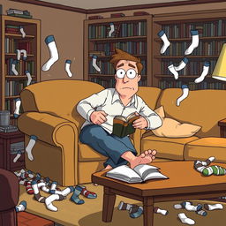 A humorous and chaotic scene featuring Jerry, a middle-aged man with a bewildered expression, as he searches frantically for his matching socks in a cozy living room