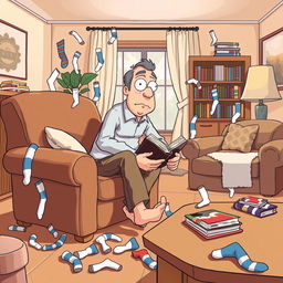 A humorous and chaotic scene featuring Jerry, a middle-aged man with a bewildered expression, as he searches frantically for his matching socks in a cozy living room