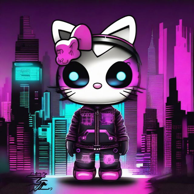 This digital art piece features Hello Kitty in cyber goth attire, complete with neon accents and a futuristic, tech-inspired look