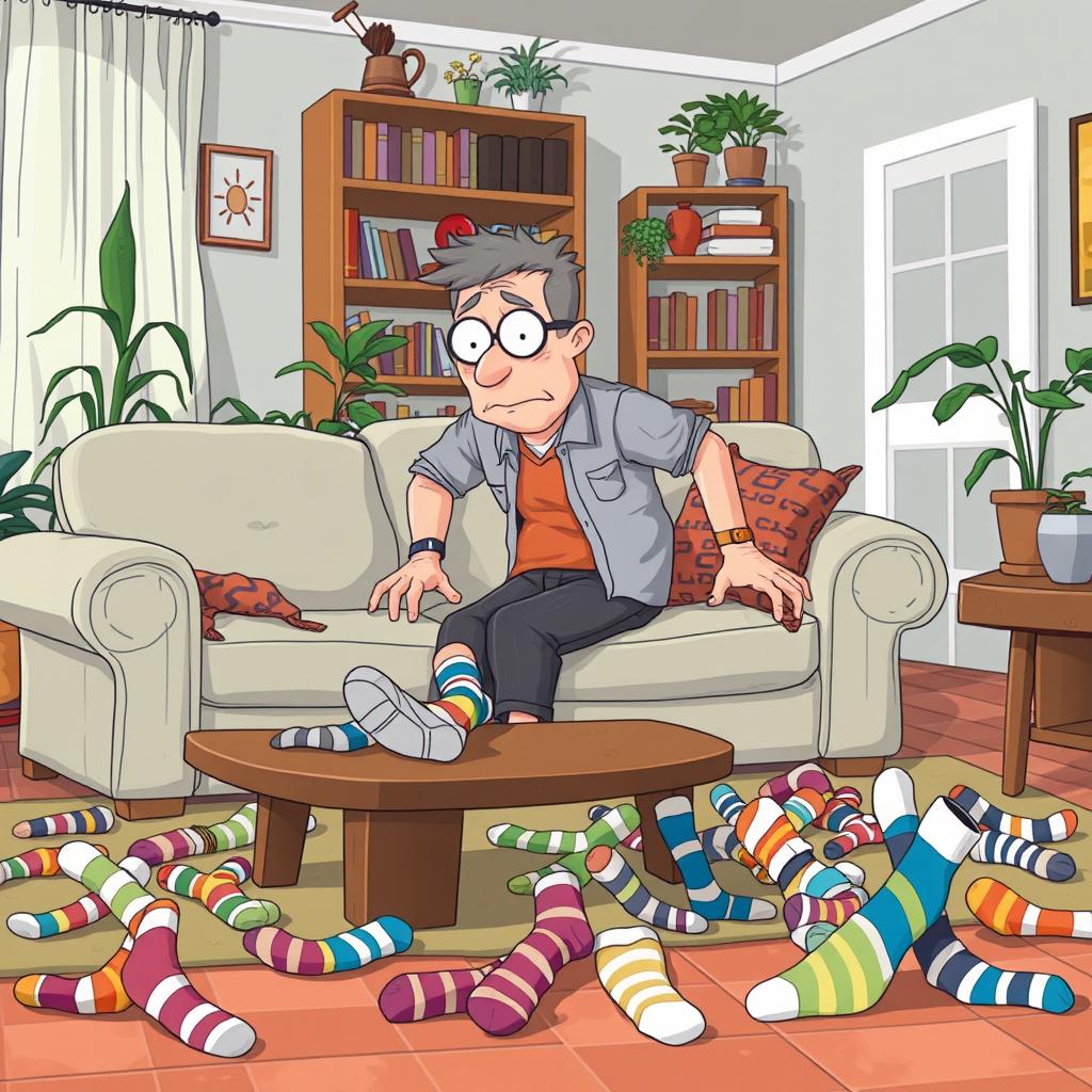 A lighthearted scene depicting Jerry, a middle-aged man with an exasperated expression, actively searching for his missing socks throughout a vibrant living room