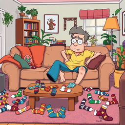 A lighthearted scene depicting Jerry, a middle-aged man with an exasperated expression, actively searching for his missing socks throughout a vibrant living room