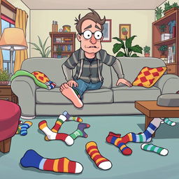A lighthearted scene depicting Jerry, a middle-aged man with an exasperated expression, actively searching for his missing socks throughout a vibrant living room