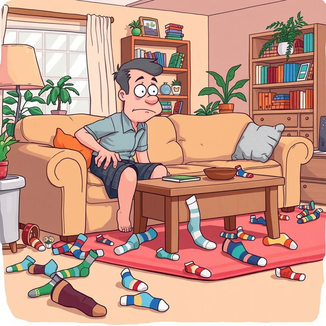 A lighthearted scene depicting Jerry, a middle-aged man with an exasperated expression, actively searching for his missing socks throughout a vibrant living room