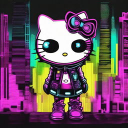 This digital art piece features Hello Kitty in cyber goth attire, complete with neon accents and a futuristic, tech-inspired look