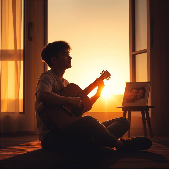 A reflective and emotional cover featuring the silhouette of a young man sitting cross-legged on the floor, holding an acoustic guitar