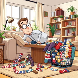 A whimsical and lively scene depicting Jerry, a middle-aged man with an amused and slightly frustrated expression, searching for his missing socks in a brightly lit living room