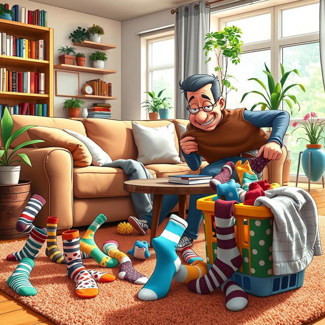 A whimsical and lively scene depicting Jerry, a middle-aged man with an amused and slightly frustrated expression, searching for his missing socks in a brightly lit living room