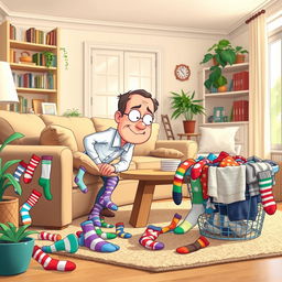 A whimsical and lively scene depicting Jerry, a middle-aged man with an amused and slightly frustrated expression, searching for his missing socks in a brightly lit living room