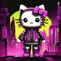 This digital art piece features Hello Kitty in cyber goth attire, complete with neon accents and a futuristic, tech-inspired look