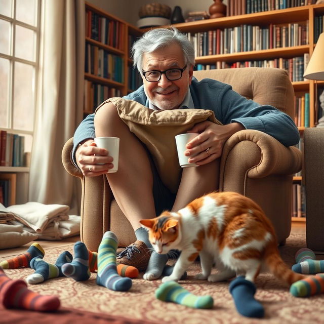 A comedic scene featuring an older man with a friendly smile and silver hair, looking bemused as he searches for his missing socks