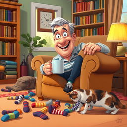 A comedic scene featuring an older man with a friendly smile and silver hair, looking bemused as he searches for his missing socks