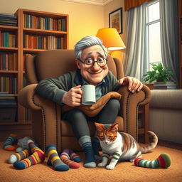 A comedic scene featuring an older man with a friendly smile and silver hair, looking bemused as he searches for his missing socks