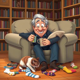 A comedic scene featuring an older man with a friendly smile and silver hair, looking bemused as he searches for his missing socks