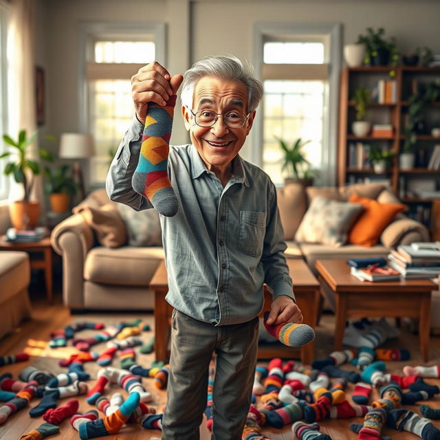 A cheerful and humorous scene of Jerry, an older man with a slight grin and silver hair, triumphantly holding up a colorful mismatched sock in one hand while looking down happily at his feet, where another sock is visibly on his foot