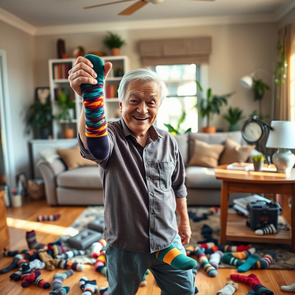 A cheerful and humorous scene of Jerry, an older man with a slight grin and silver hair, triumphantly holding up a colorful mismatched sock in one hand while looking down happily at his feet, where another sock is visibly on his foot