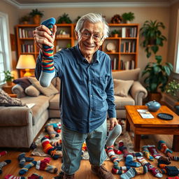 A cheerful and humorous scene of Jerry, an older man with a slight grin and silver hair, triumphantly holding up a colorful mismatched sock in one hand while looking down happily at his feet, where another sock is visibly on his foot