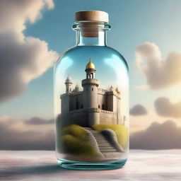 A high-quality digital art image depicting a grand citadel enclosed in a medicine bottle