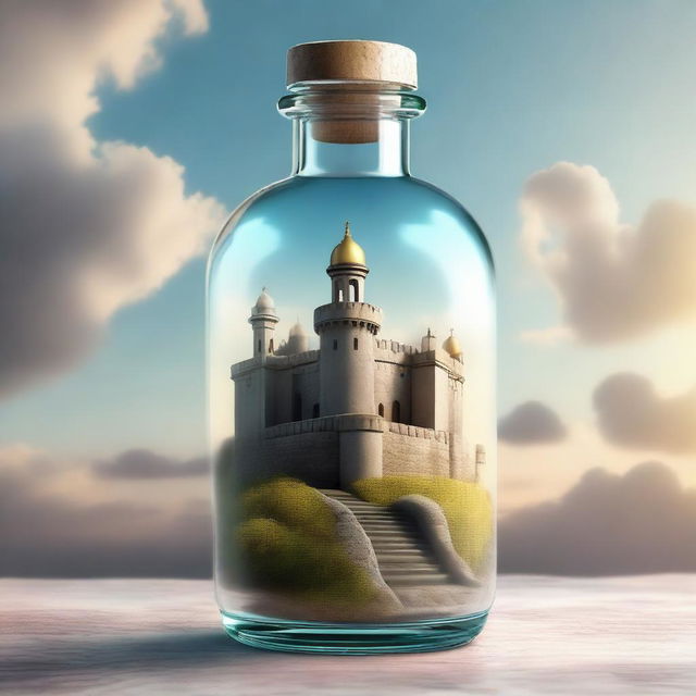 A high-quality digital art image depicting a grand citadel enclosed in a medicine bottle