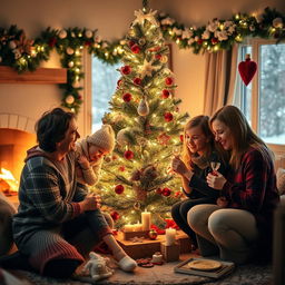 A joyful family gathered around a beautifully decorated Christmas tree, with twinkling lights and colorful ornaments