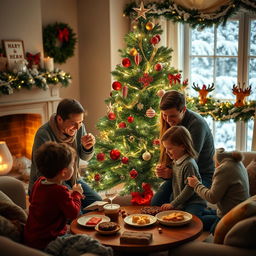 A joyful family gathered around a beautifully decorated Christmas tree, with twinkling lights and colorful ornaments