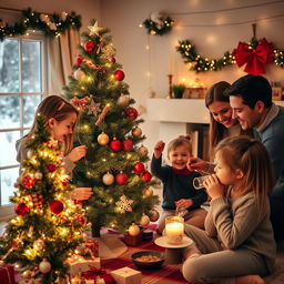 A joyful family gathered around a beautifully decorated Christmas tree, with twinkling lights and colorful ornaments
