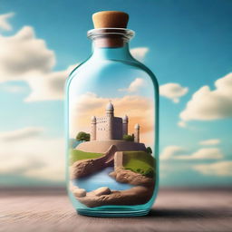 A high-quality digital art image depicting a grand citadel enclosed in a medicine bottle