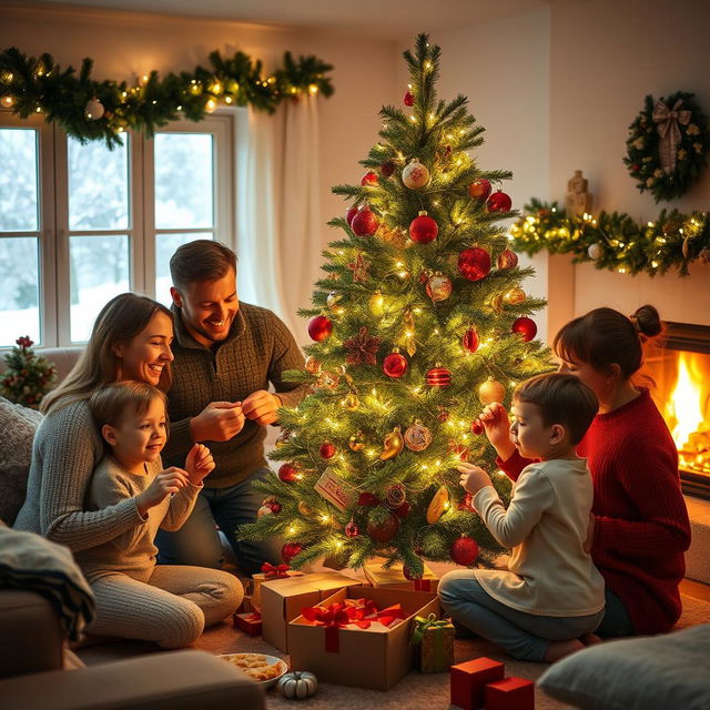 A joyful family gathered around a beautifully decorated Christmas tree, with twinkling lights and colorful ornaments