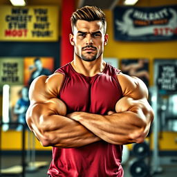 A muscular man, showcasing huge biceps and a strong build, standing confidently with his arms crossed in a vibrant gym setting