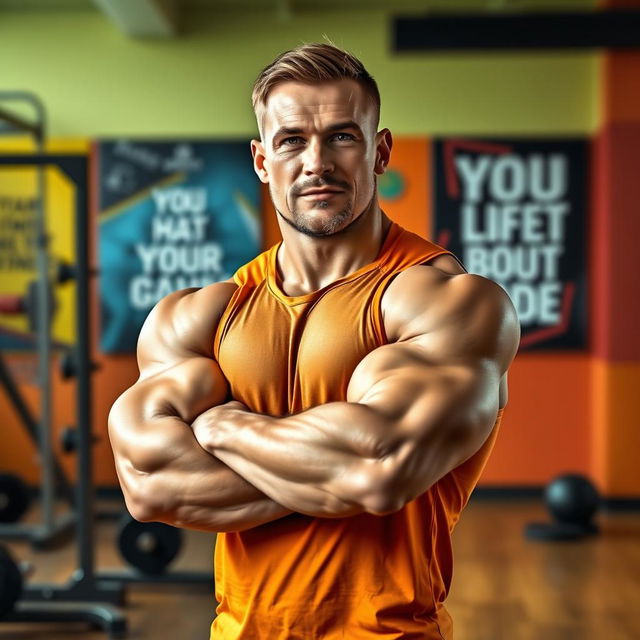 A muscular man, showcasing huge biceps and a strong build, standing confidently with his arms crossed in a vibrant gym setting