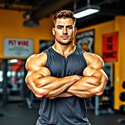 A muscular man, showcasing huge biceps and a strong build, standing confidently with his arms crossed in a vibrant gym setting