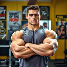 A muscular man, showcasing huge biceps and a strong build, standing confidently with his arms crossed in a vibrant gym setting