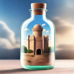 A high-quality digital art image depicting a grand citadel enclosed in a medicine bottle