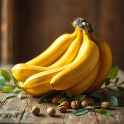 A vibrant still life composition featuring a bunch of ripe bananas arranged artistically on a rustic wooden table, with soft, natural lighting illuminating the scene