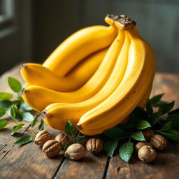 A vibrant still life composition featuring a bunch of ripe bananas arranged artistically on a rustic wooden table, with soft, natural lighting illuminating the scene