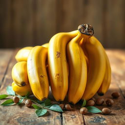 A vibrant still life composition featuring a bunch of ripe bananas arranged artistically on a rustic wooden table, with soft, natural lighting illuminating the scene