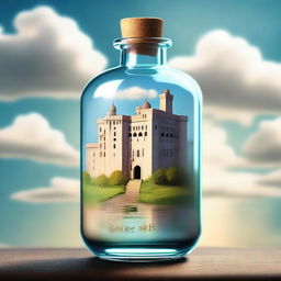 A high-quality digital art image depicting a grand citadel enclosed in a medicine bottle