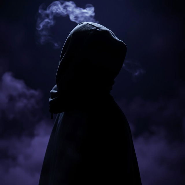 A unique and mysterious dark profile picture featuring a shadowy figure partially obscured in deep shadows, with an ethereal mist swirling around them