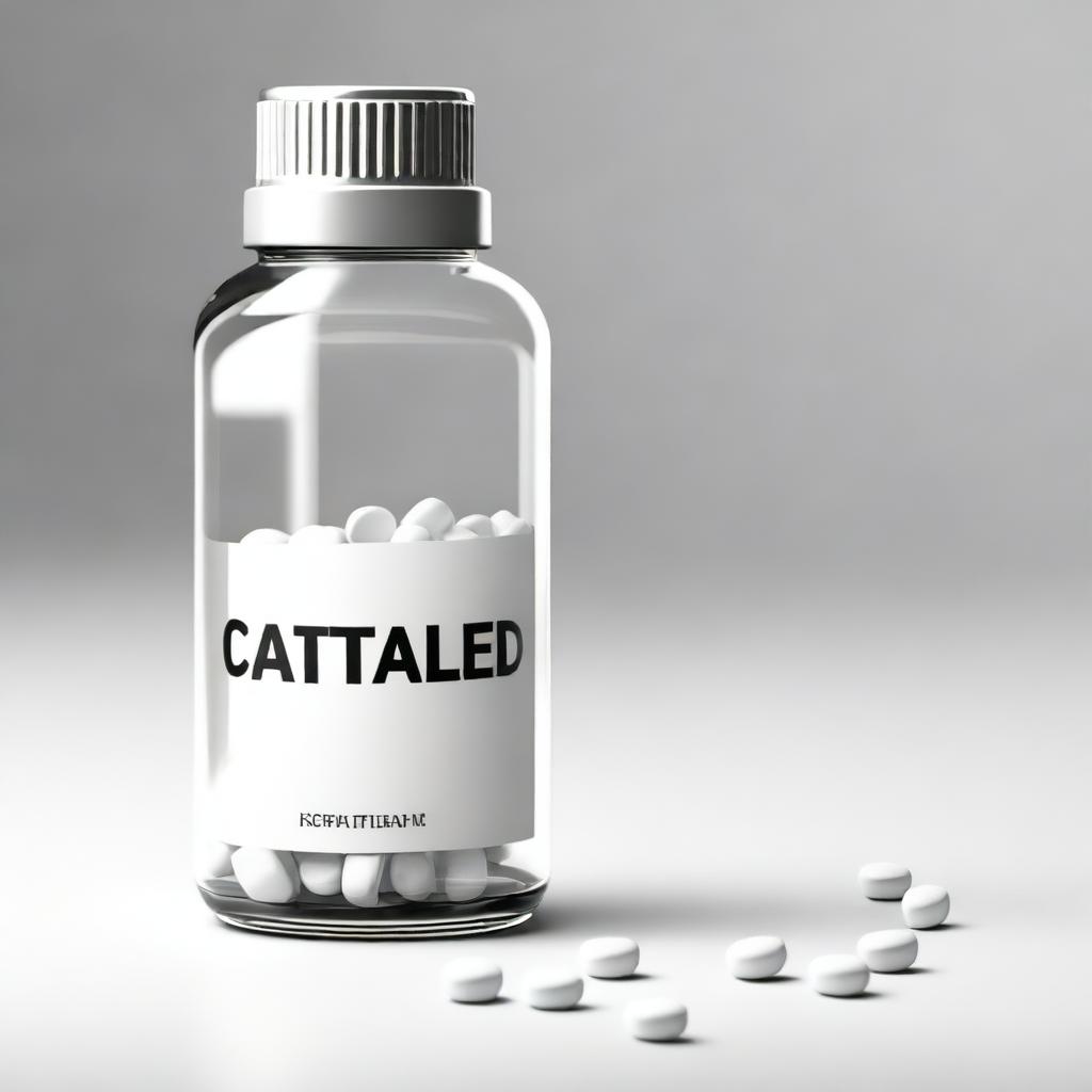 A photorealistic digital art of a clear glass medicine bottle filled with white pills