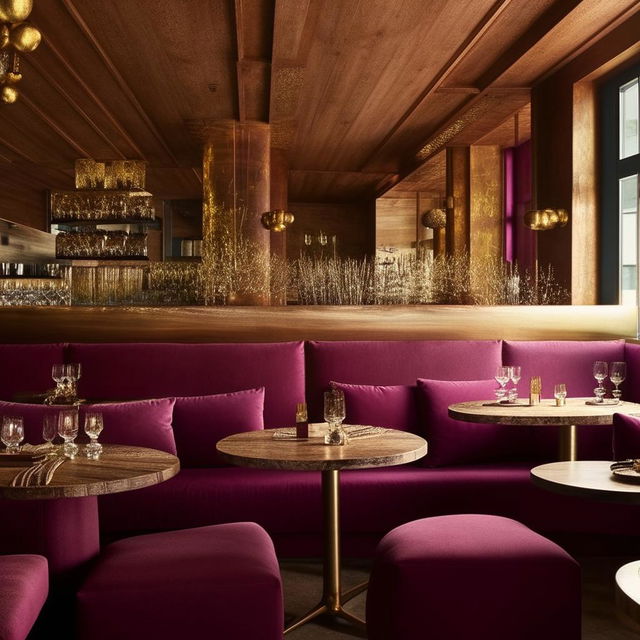 A fancy restaurant design boasting rich magenta sofas, rustic wooden tables, and luxurious golden details, embodying a perfect blend of comfort and opulence.