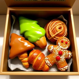 A beautifully arranged display of four unique croissants in a decorative box