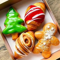 A beautifully arranged display of four unique croissants in a decorative box