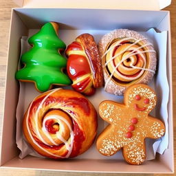 A beautifully arranged display of four unique croissants in a decorative box