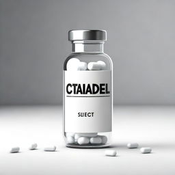 A photorealistic digital art of a clear glass medicine bottle filled with white pills