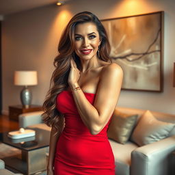 A glamorous and confident mature woman, with long flowing brunette hair, dressed in a stylish, form-fitting red dress